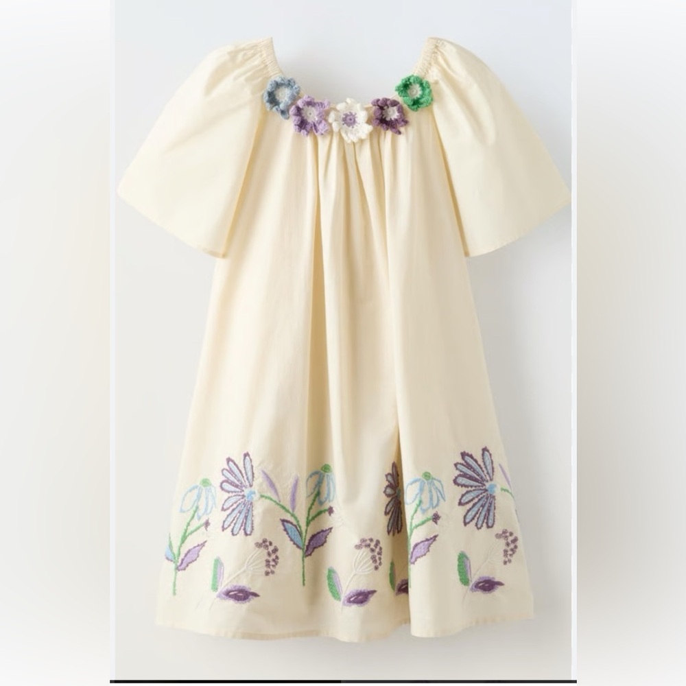 Zara Junior Dress with Floral Embroidery - Cream